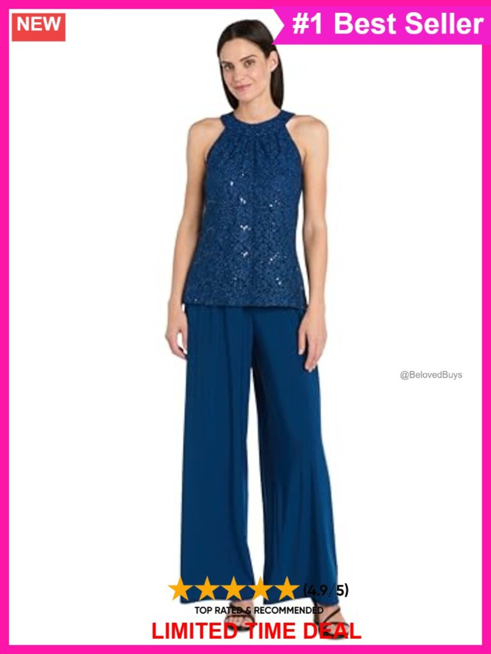 Glitter Lace & Sequin Halter Jumpsuit Wide-Leg Sleeveless Evening